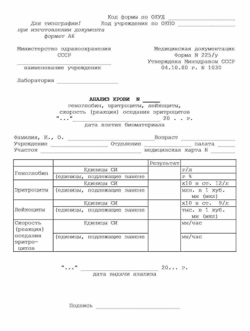 Анализ крови форма 225/у